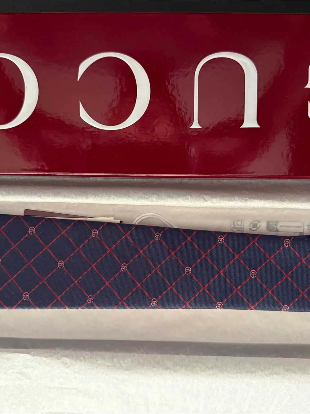 Gucci Navy Tie with Red Diamond Grid and GG Motif